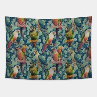 Conures in Eucalyptus Leaves in Navy Blue Tapestry