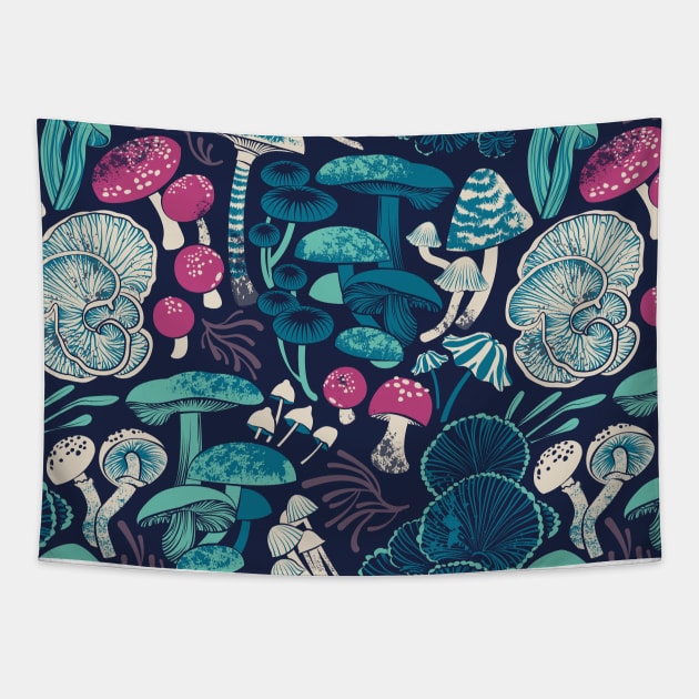 Mystical fungi // midnight blue background mint teal and dark pink wild mushrooms Tapestry by SelmaCardoso