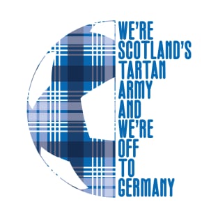 Scotland's Tartan Army, Blue and White Tartan Ball and Text Design T-Shirt