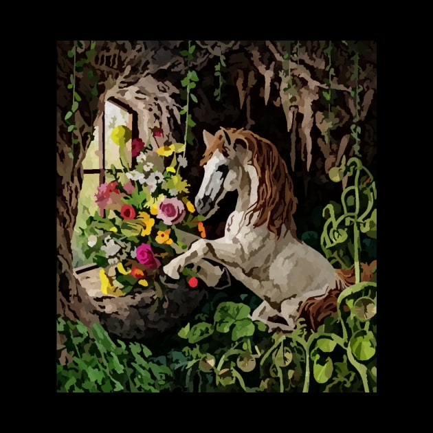 watercolor horse with garden and mixed flowers by Catbrat