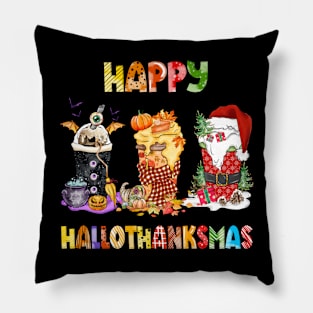 Coffee Halloween Thanksgiving Christmas Happy Hallothanksmas T-Shirt Pillow