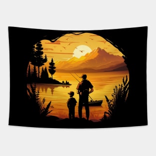 father and son fishing at sunset Tapestry