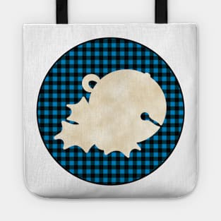 Sleigh bell and mistletoe silhouette over a black and blue tile pattern Tote