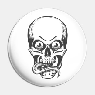 Human skull with eyes and tongue sticking out drawn in tattoo style. Vector illustration. Pin