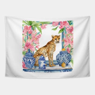 Preppy cheetah and chinoiserie jars watercolor Tapestry