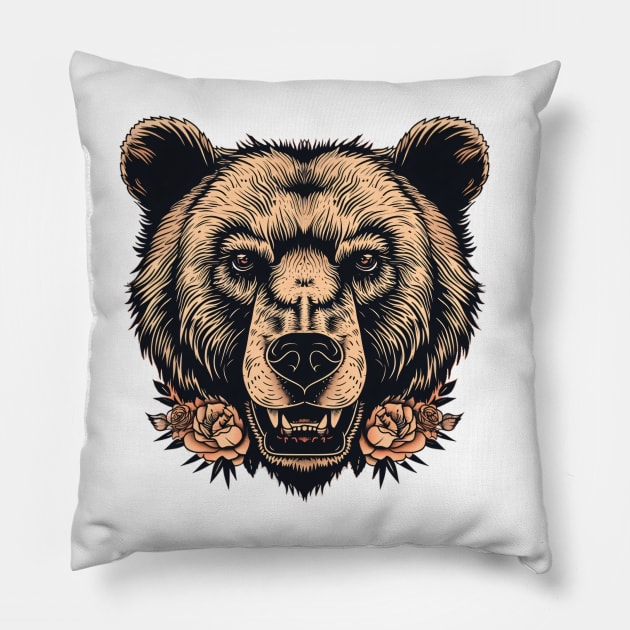 Vintage Grizzly Bear Head Tattoo Pillow by Retroprints