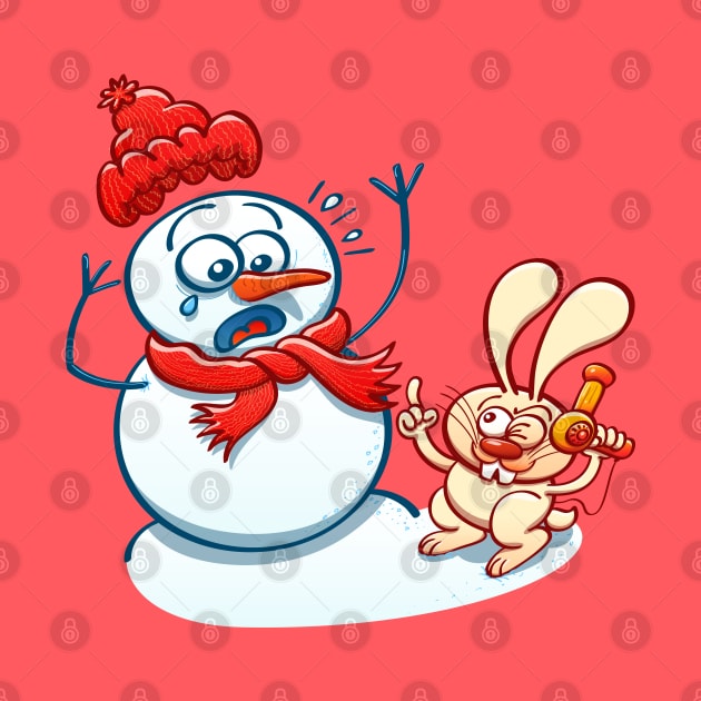 Naughty bunny stealing the carrot nose of a Christmas snowman with a hair dryer by zooco