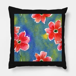 red flowers against a blue and yellow bg Pillow