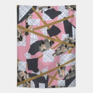 Feathers and Frays - Pink, Gold, Black, White - Abstract Mixed Torn Paper Collage Tapestry