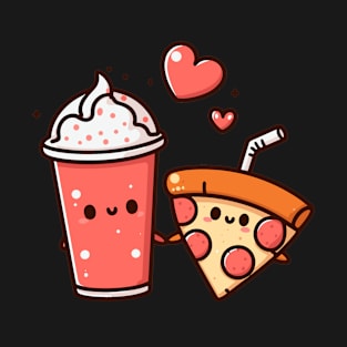 Kawaii Pepperoni Pizza and Milkshake Couple | Cute Kawaii Food Art for Couples T-Shirt