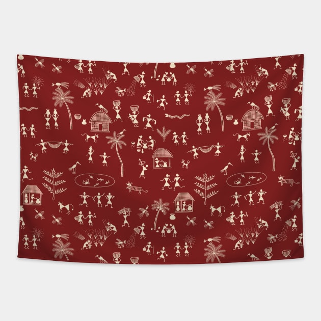 Warli art pattern Tapestry by yuliia_bahniuk