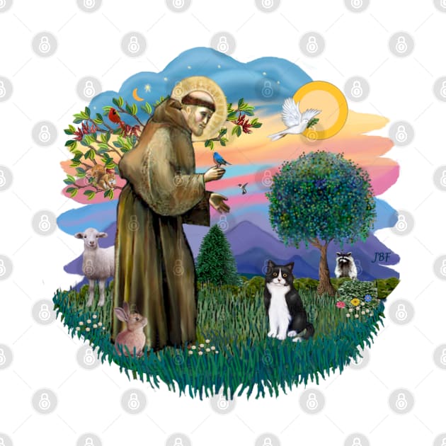 Saint Francis Blesses a Black and White Tuxedo Cat by Dogs Galore and More