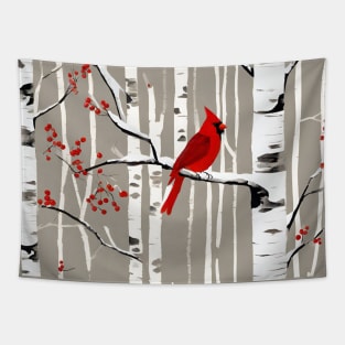 Minimalist Scandinavian Art Winter Birch Tree Red Cardinal Tapestry