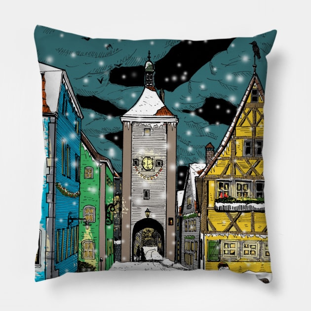 Rothenburg ob der Tauber Germany at Christmas Pillow by Wall-Art-Sketch