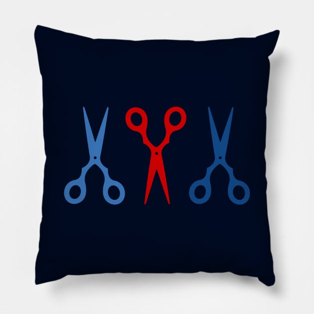 Barber Scissors in a Row - navy blue and red Pillow by XOOXOO