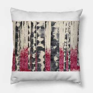 Winter White Birch Trees with Fallen Magenta Leaves Pillow