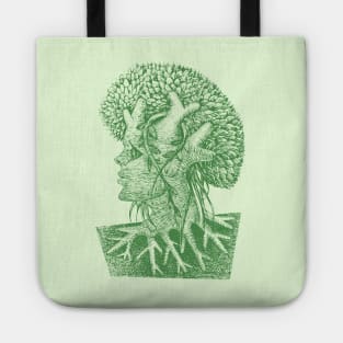 Forest God Soul Expression with Side Profile of a Man and His Head with Leafy Tree Branches Hand Drawn Illustration with Pen and Ink Cross Hatching Technique 4 Tote