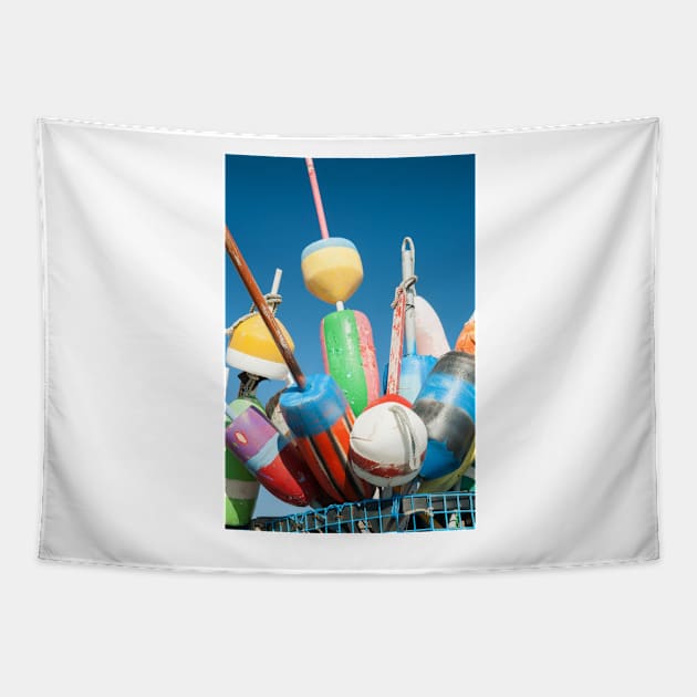 Collection of colorful fishing or lobster trap buoys and markers at wharf in Provincetown, Massachusetts, USA  Looks great on a sticker and even better as a canvas print on your wall. Tapestry by brians101