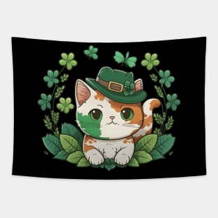 Kawaii Cat Leprechaun Funny Cat Lover Shamrock St Patrick's Day Tapestry