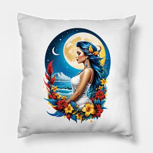 Lunar Elegance: Enchanting Woman Under the Full Moon Pillow