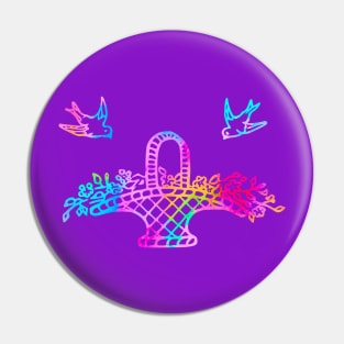 Rainbow Birds and a Basket of Flowers Pin