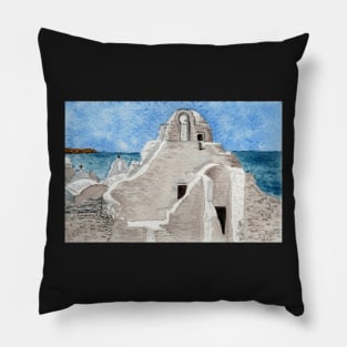 Mykonos Chapel Greek Island watercolor Pillow