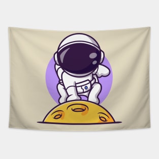 Cute Astronaut Landing On The Moon Cartoon Tapestry