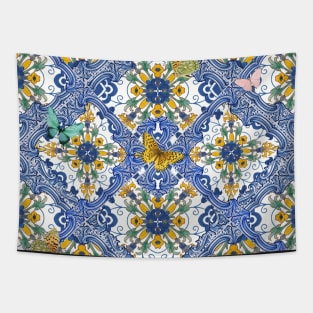 Mediterranean blue tiles, amalfi flowers and butterflies Tapestry