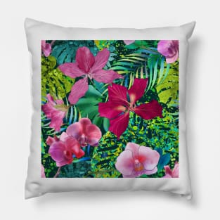 Dark tropical flowers and palm leaves Orchids, Bauhinia flowers watercolor exotic printloral seamless pattern Pillow