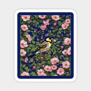 An Eastern Goldfinch Amongst Pink Colored Wild Roses Magnet
