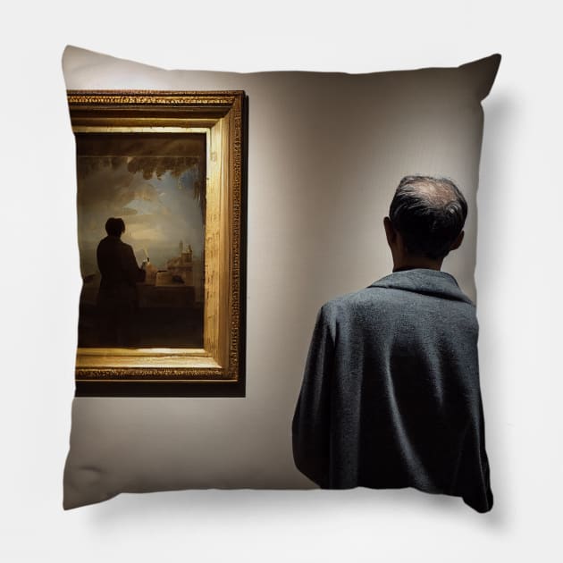 A person in a museum gallery, looking at a painting, of a person, who is looking at, or painting, a painting Pillow by ARTificial42