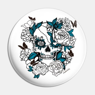 Skull Line Drawing with Butterflies and Flowers in Blue and Black Pin