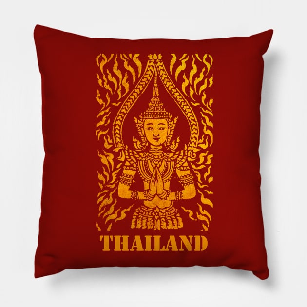 Ancient textured Thai classic gold textured angel mural from a very old Thai Buddhist temple with the word 'Thailand' underneath the image. Pillow by Earthworx