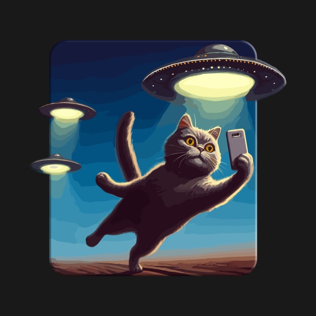 Cute Black Cat Making Selfie With UFOs Behind by KromADesign