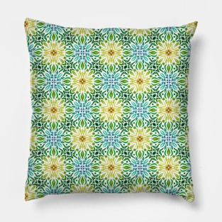 Tropical Star Yellow, Green, Blue Geometric Swirl Pattern Pillow