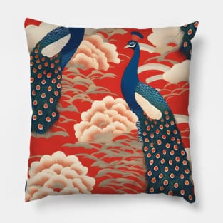 Japanese Kimono Pattern with Peacock Birds Pillow