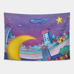 Cartoon houses in the night Tapestry