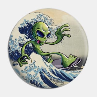 Alien surfing the Great Wave Off Kanagawa. Martian surfer. Pin