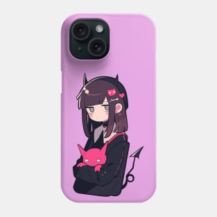 Anime-Style Cute Black and Pink Demon Girl Phone Case