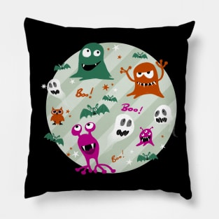 Boo! Very spooky monsters on green stripes Pillow