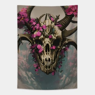 Horned Skull With Flowers Growing Out Of It Tapestry