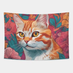 Blooming Tabby Cat, Orange Tabby with Flowers Tapestry