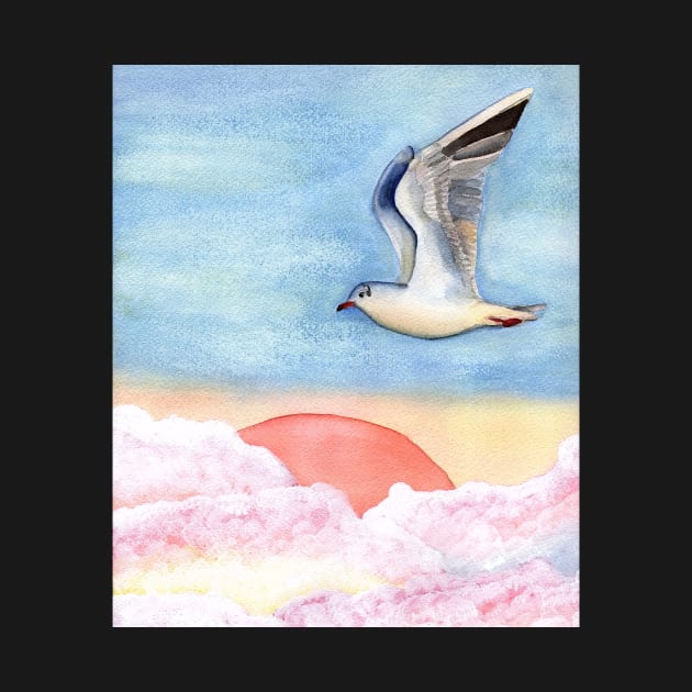 Seagull flying over pastel clouds by Sandraartist