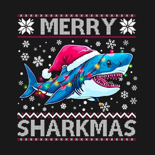 Merry Sharkmas Shark Santa Ugly Christmas Lights Boys Xmas T-Shirt