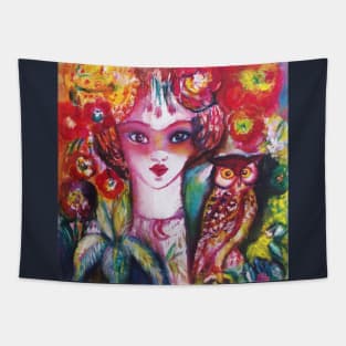 WOMAN PORTRAIT WITH OWL AND RED FLOWERS Tapestry