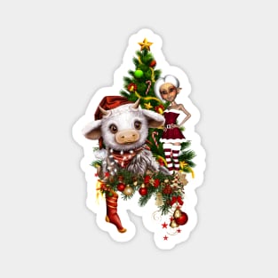 Cute christmas cow with little elf and christmas tree Magnet