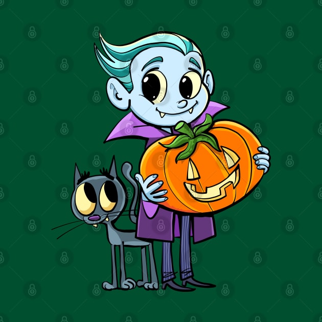 little dracula holds a pumpkin for halloween and the cat flies around his legs by duxpavlic