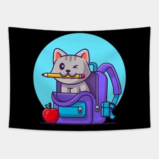 Cute Cat Biting Pencil With Bag And Apple Cartoon Tapestry