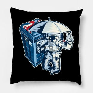 British astronaut holding an umbrella in space near a police box Pillow