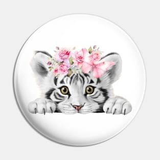 Cute Baby Tiger With Pink Flowers And Butterfly Pin